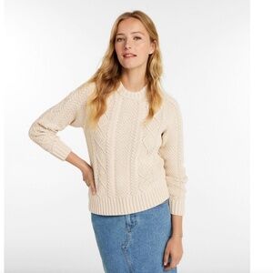 L.L. Bean Women's Signature Cotton Fisherman Crewneck Sweater in Beige, Large
